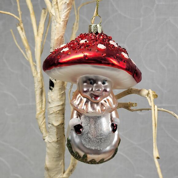 Vtg Mushroom Ornament 5" Red Cap Hand Painted Glittered Mercury Glass Christmas - Picture 4 of 11